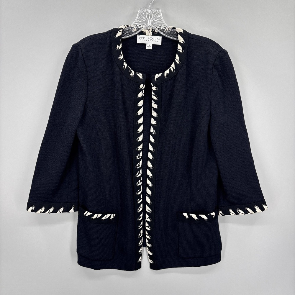 St John Collection Sweater Cardigan Womens 6 Navy Black Ribbon Trim Open Front